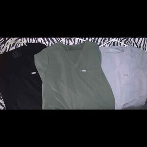 Figs Women's Scrub Sets in Black, Green & Gray all one pocket tops w/ joggers